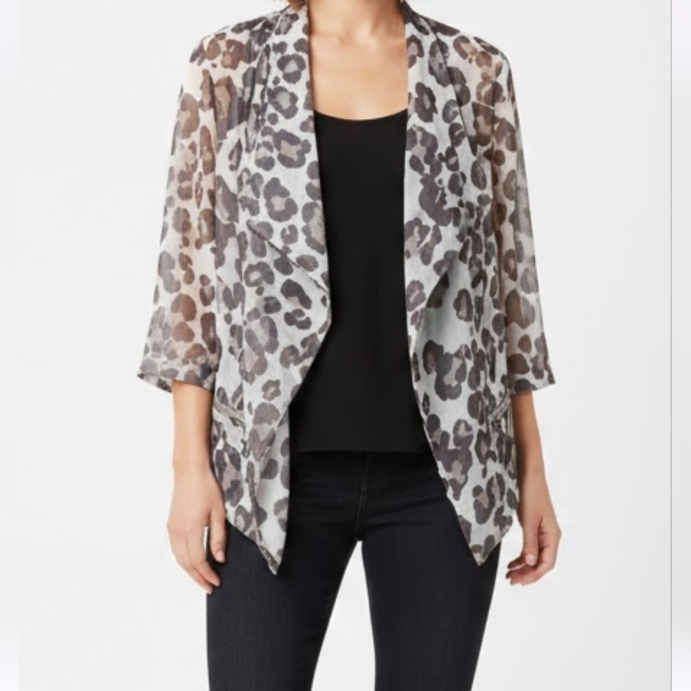Chico’s Open Front Jacket Women’s Size S Gray Animal Print 3/4 Sleeve Lightweigh